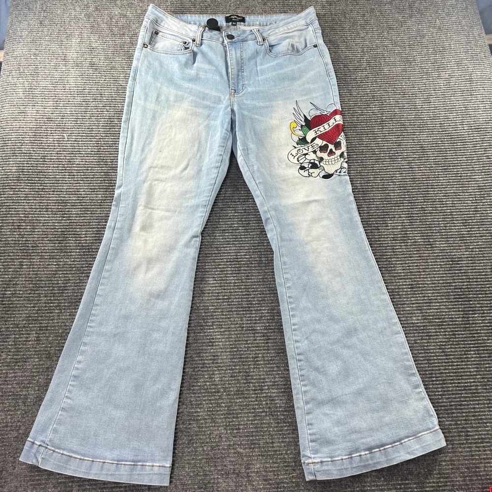 Ed Hardy Jeans Women 31 Light Wash Flare Love Kills Slowly Tattoo Graphic